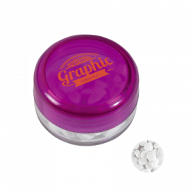 Kunststof rond potje gekleurd deksel met ca. 12 gr. mints TAMPONDRUK-Paars