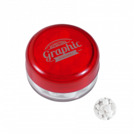 Kunststof rond potje gekleurd deksel met ca. 12 gr. mints TAMPONDRUK-Rood