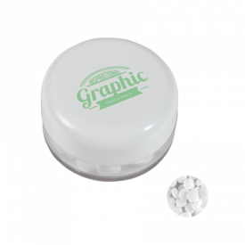 Kunststof rond potje gekleurd deksel met ca. 12 gr. mints TAMPONDRUK-Wit