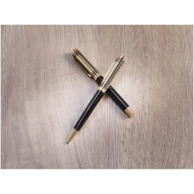 Legato pennenset - gerecycled messing - blauwe inkt - balpen en rollerbalpen - geschenkverpakking
