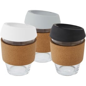 Lidan borosilicaat glazen beker van 360 ml met kurken grip en siliconen deksel