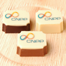 Logobonbons rechthoek-Wit/hazelnootpraline