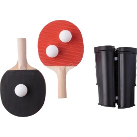Melinda tafeltennisset - kunststof en hout - 2 batjes - 3 ballen - uitschuifbaar net - verpakt in rPET zakje