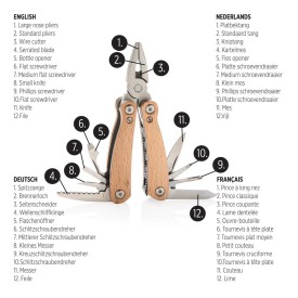 Mini multitool - hout en RVS - 12 functies - in geschenkverpakking
