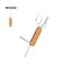 Multitool sleutelhanger - hout en RVS - 6.1 cm - schaar, mes en vijl - geschenkverpakking