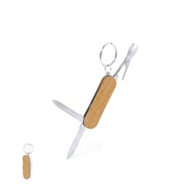 Multitool sleutelhanger - hout en RVS - 6.1 cm - schaar, mes en vijl - geschenkverpakking