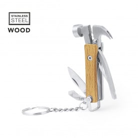 Meniok multitool sleutelhanger - RVS en hout - 7 functies - in doosje