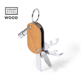 Polty multitool sleutelhanger - RVS en hout - 9-functies - in doosje