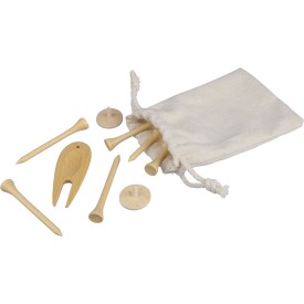 Nyssa golftees-set - hout - 6 tees, pitchfork en 2 markers - verpakt in katoenen zakje