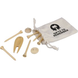 Nyssa golftees-set - hout - 6 tees, pitchfork en 2 markers - verpakt in katoenen zakje
