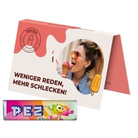 Promotiekaart met PEZ-snoep – visitekaartformaat – full colour bedrukt