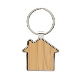 Huis sleutelhanger - zink en bamboe - 7 cm