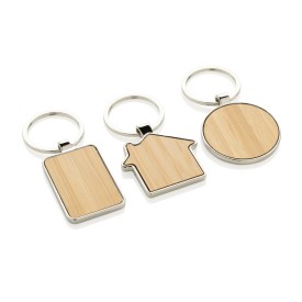 Huis sleutelhanger - zink en bamboe - 7 cm