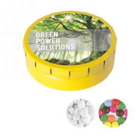 Rond click clack blik 45 mm met 12 gr. mintjes DIGITAAL tot full colour-Geel