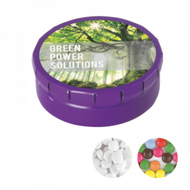 Rond click clack blik 45 mm met 12 gr. mintjes DIGITAAL tot full colour-Paars