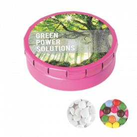 Rond click clack blik 45 mm met 12 gr. mintjes DIGITAAL tot full colour-Roze