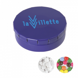 Rond click clack blik 45 mm met ca. 12 gr. mintjes TAMPONPRINT-Donkerblauw