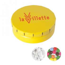 Rond click clack blik 45 mm met ca. 12 gr. mintjes TAMPONPRINT-Geel