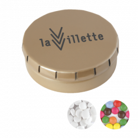 Rond click clack blik 45 mm met ca. 12 gr. mintjes TAMPONPRINT-Goud
