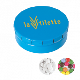 Rond click clack blik 45 mm met ca. 12 gr. mintjes TAMPONPRINT-Lichtblauw