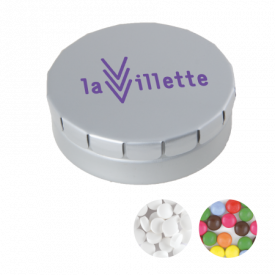 Rond click clack blik 45 mm met ca. 12 gr. mintjes TAMPONPRINT-Lichtgrijs