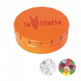Rond click clack blik 45 mm met ca. 12 gr. mintjes TAMPONPRINT-Oranje