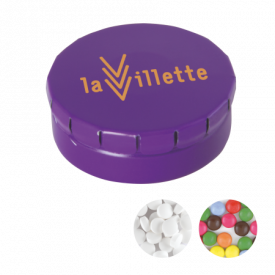 Rond click clack blik 45 mm met ca. 12 gr. mintjes TAMPONPRINT-Paars
