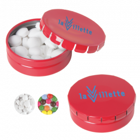 Rond click clack blik 45 mm met ca. 12 gr. mintjes TAMPONPRINT-Rood