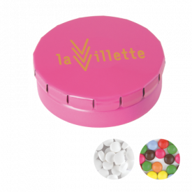 Rond click clack blik 45 mm met ca. 12 gr. mintjes TAMPONPRINT-Roze