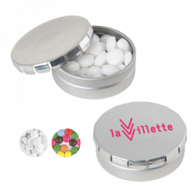 Rond click clack blik 45 mm met ca. 12 gr. mintjes TAMPONPRINT-Zilver