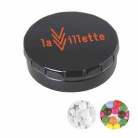 Rond click clack blik 45 mm met ca. 12 gr. mintjes TAMPONPRINT-Zwart