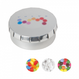 Rond click clack blik 53 mm met ca. 25 gr. mintjes DIGITAAL tot full colour-Zilver