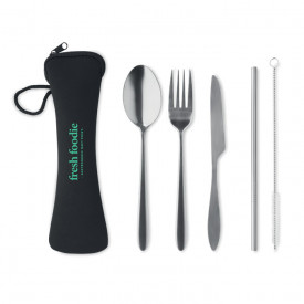 SS cutlery set in pouch-Zwart
