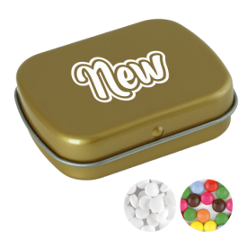 Scharnierblik met ca. 25 gr. mintjes 1 kleur bedrukking-Goud