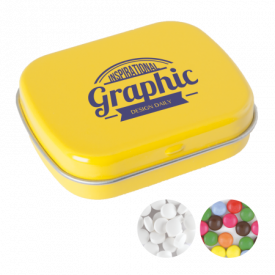 Scharnierblik met ca. 25 gr. mintjes TAMPONPRINT-Geel