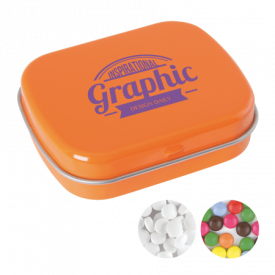 Scharnierblik met ca. 25 gr. mintjes TAMPONPRINT-Oranje
