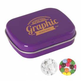 Scharnierblik met ca. 25 gr. mintjes TAMPONPRINT-Paars