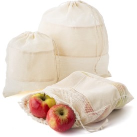 Set herbruikbare groente- en fruitnetjes - katoen - 3 formaten - in papieren sleeve