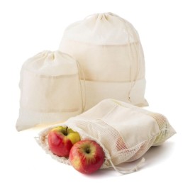 Set herbruikbare groente- en fruitnetjes - katoen - 3 formaten - in papieren sleeve