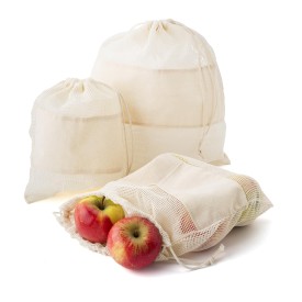 Set herbruikbare groente- en fruitnetjes - katoen - 3 formaten - in papieren sleeve