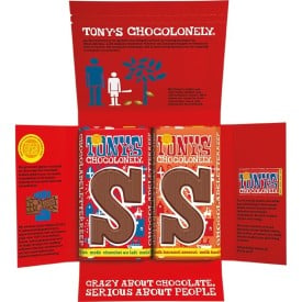 Tony’s Chocolonely Sint duo-doosje – 2 x 180 gram – melk en melk karamel zeezout