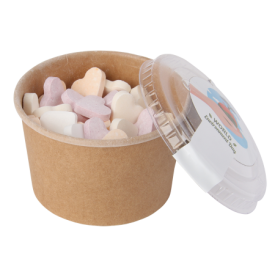 Snoeppot kraft karton met deksel 90 ml, gevuld met ca. 70 gr. DutchDex hartjes