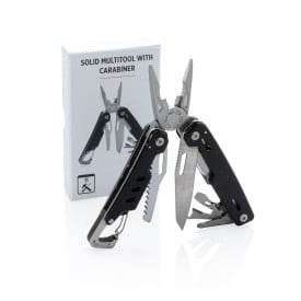 Solid multitool met karabijnhaak - aluminium en RVS - 11 functies