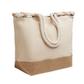 Strandtas - katoenen canvas en jute - ritssluiting - koordhengsels