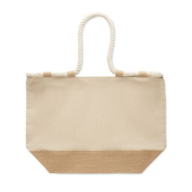 Strandtas - katoenen canvas en jute - ritssluiting - koordhengsels