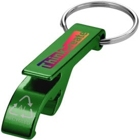 Tao fles- en blikopener van RCS gerecycled aluminium met sleutelhanger-Groen