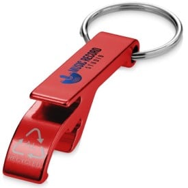Tao fles- en blikopener van RCS gerecycled aluminium met sleutelhanger-Rood