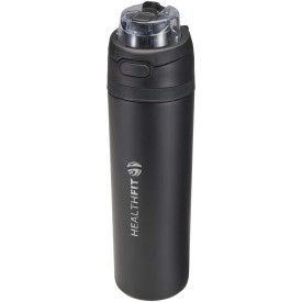 Theron 800 ml RCS enkelwandige gerecyclede roestvrijstalen waterfles, een deksel met dubbele functie en een uitklapbaar rietj-Zwart