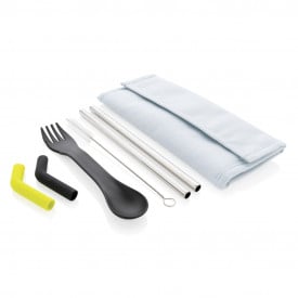 Set rietjes en spork - RVS en kunstof - in etui met klittenbandsluiting