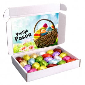Chocolade paaseitjes - 150 gram - melk, puur en wit - verzenddoos met kaart